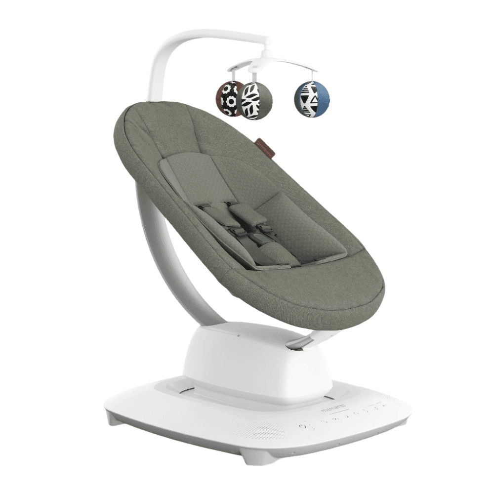 Uppababy Mamaroo Smart Swing with gray-green fabric seat, white base, and 3-ball toy mobile