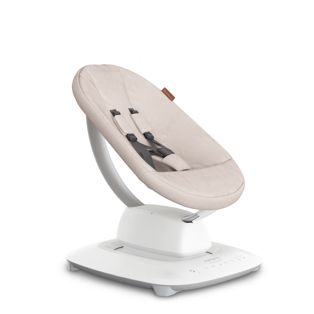 Uppababy Mamaroo Smart Swing beige fabric on white base with 4-point harness