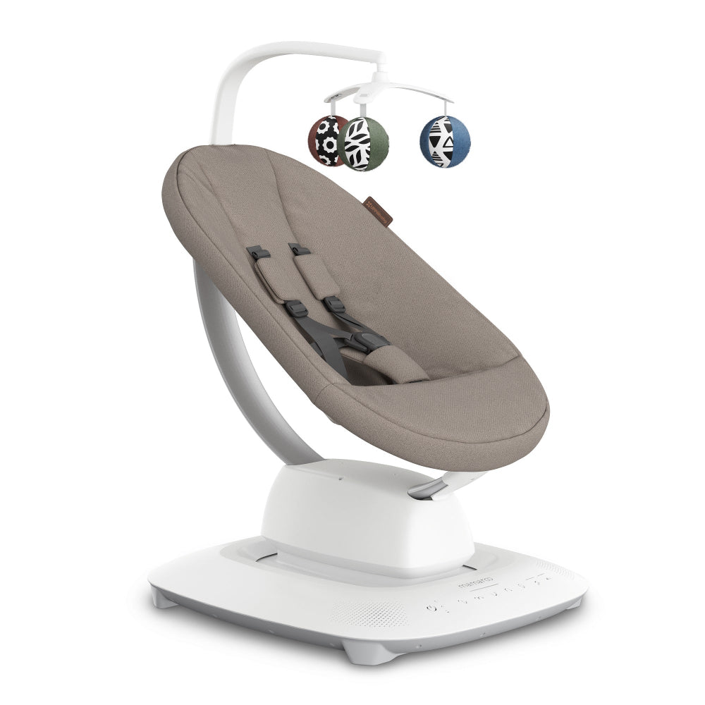 Uppababy Mamaroo Smart Swing with gray fabric seat and 4-ball overhead toy mobile