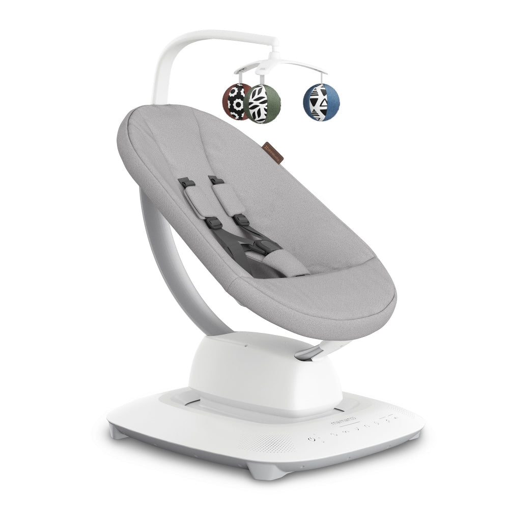 Uppababy Mamaroo Smart Swing with gray fabric seat, white base, and four plush toys