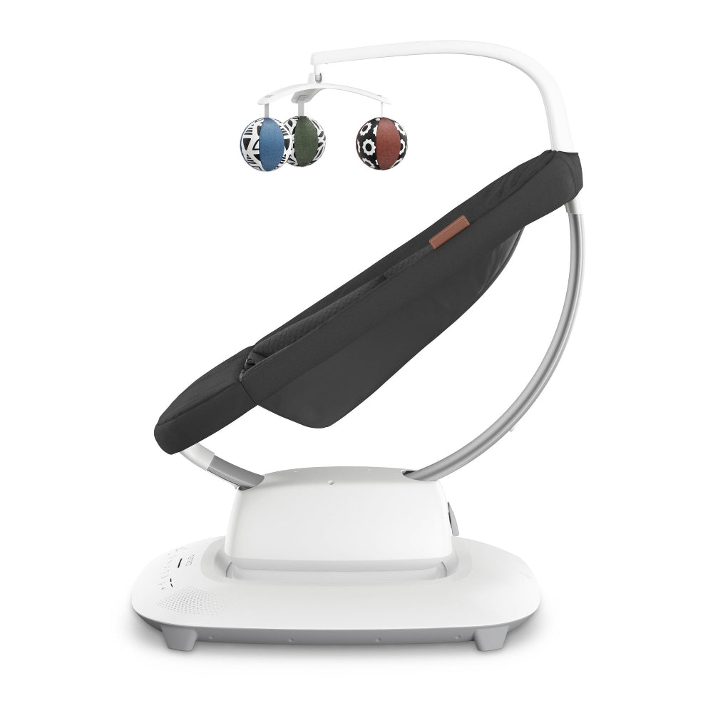 Uppababy Mamaroo Smart Swing; dark gray seat, white frame, three hanging toys