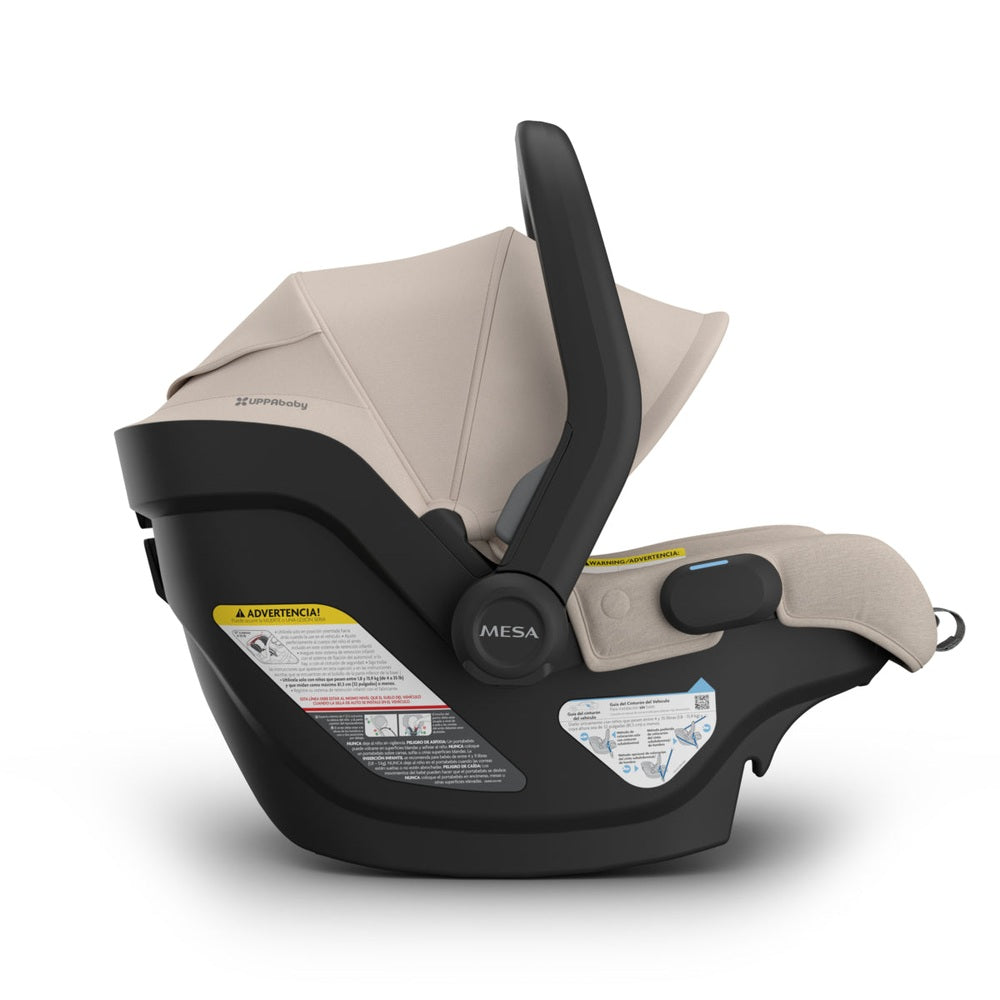 UPPAbaby Mesa V3 Infant Car Seat - side view with canopy and base