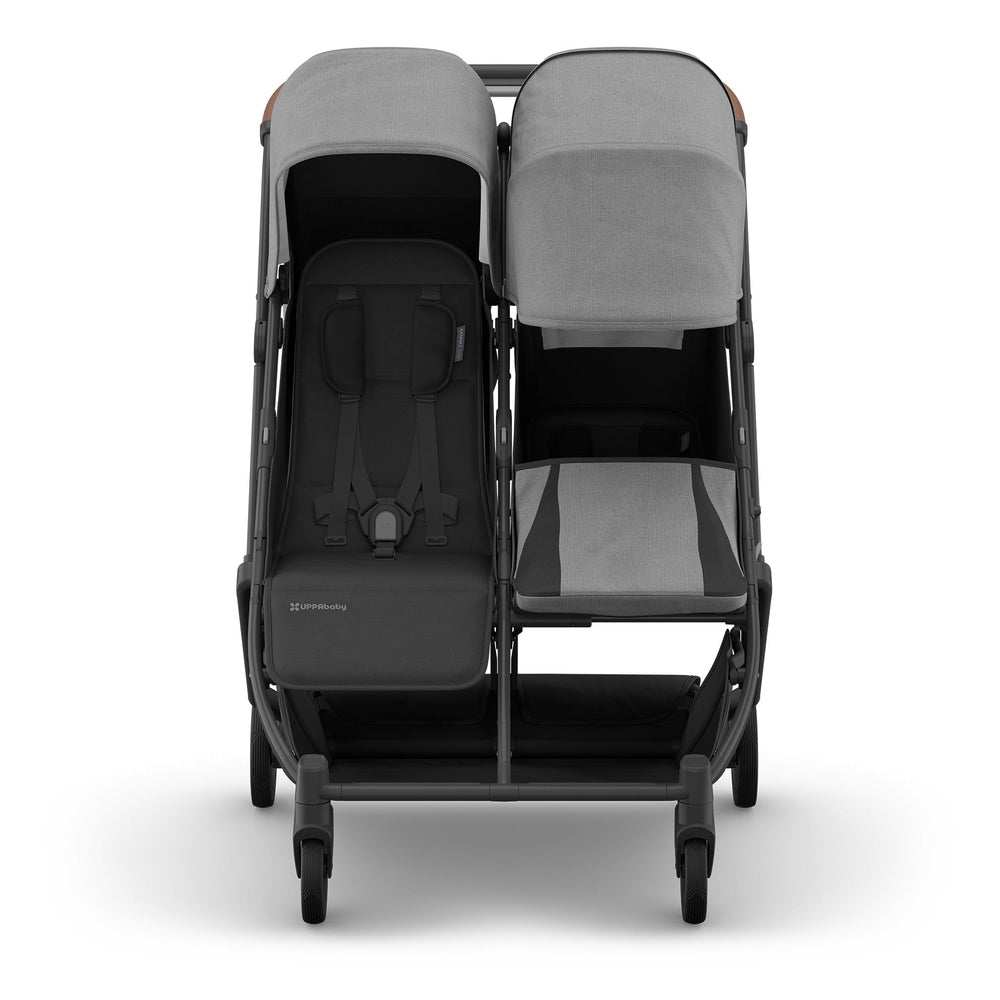 Uppababy Minu Duo Stroller in gray, twin seats with 5-point harnesses and canopies, built for two children.