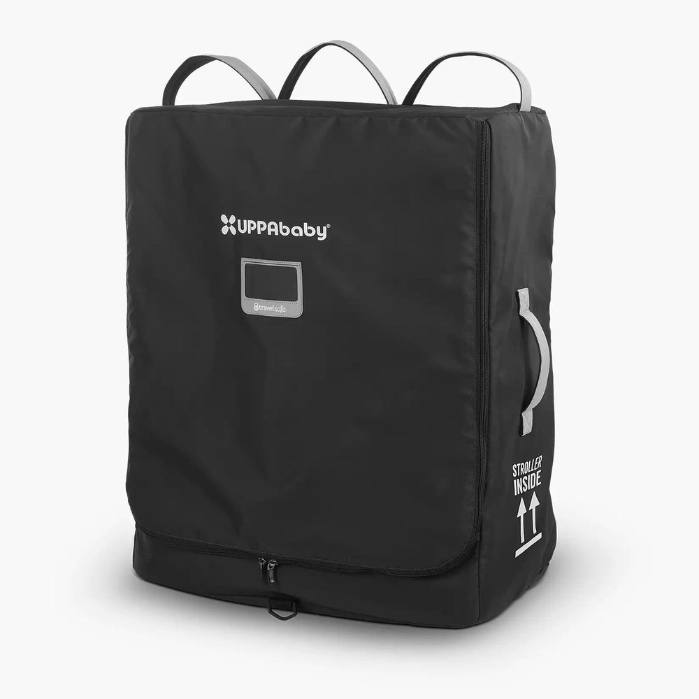 Uppababy Minu Duo travel bag; black nylon with gray handles, stroller travel accessory