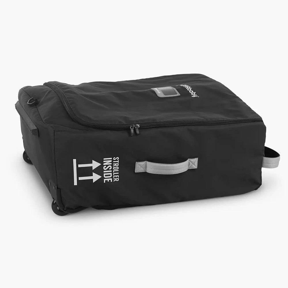 Uppababy Minu Duo Travel Bag, black with gray handles and wheels for stroller travel accessory