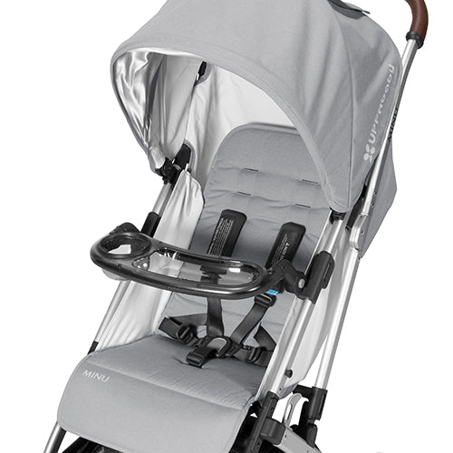 Uppababy Minu snack tray in gray plastic with built-in cup holders for stroller