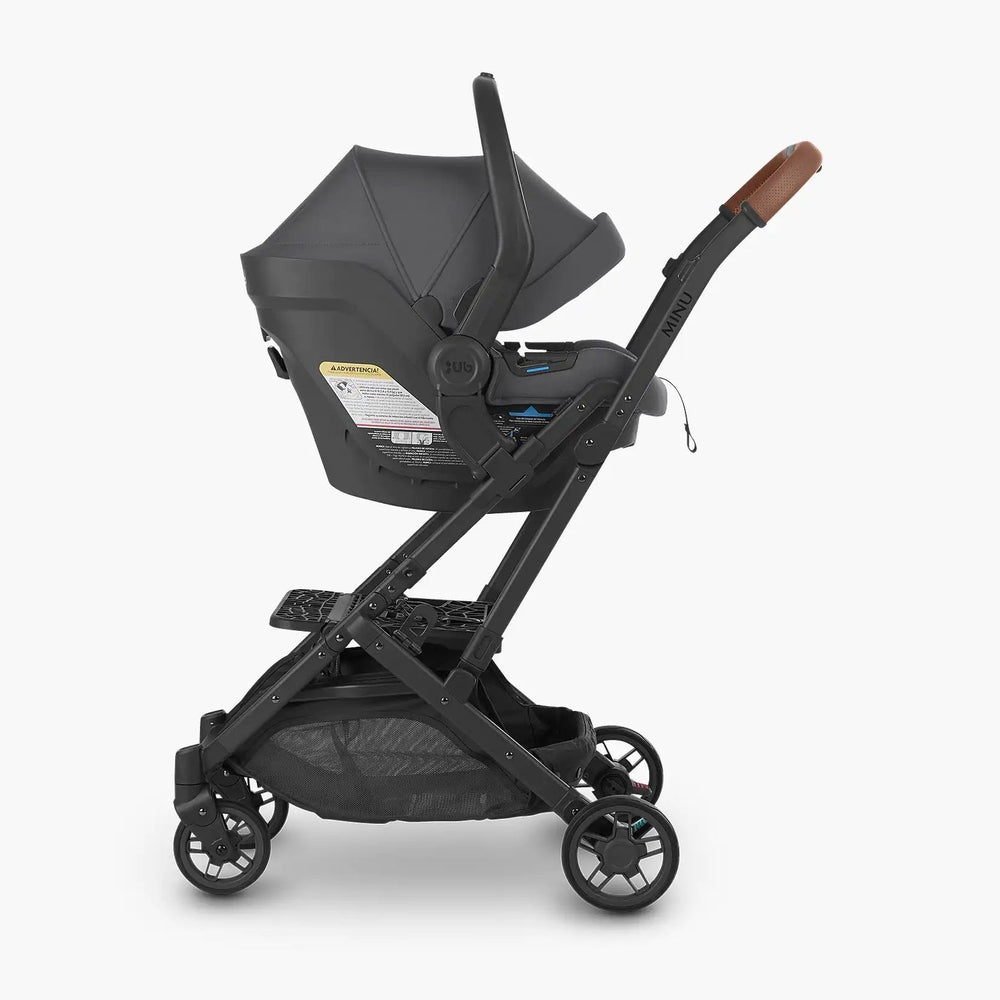 Uppababy Minu V2 bassinet adapter on black stroller frame with gray bassinet