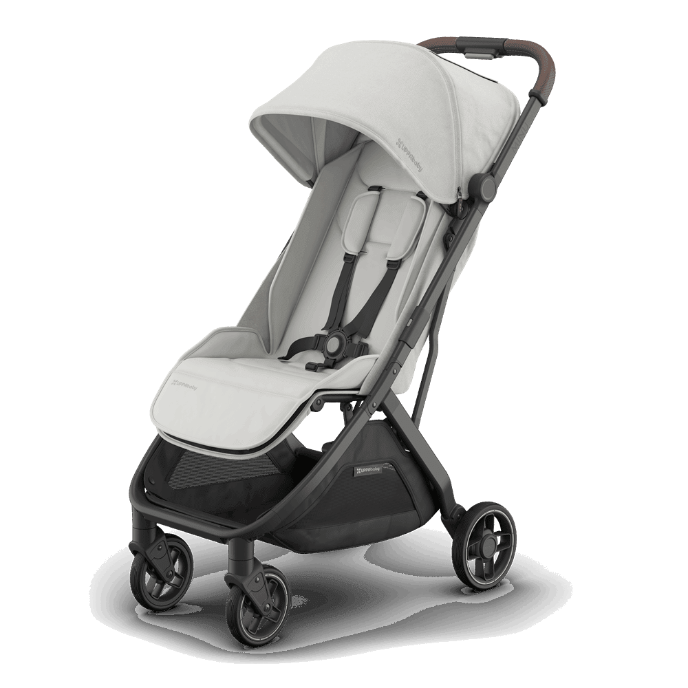 Uppababy Minu V3 stroller in light beige fabric with brown handlebar and black frame, four wheels.