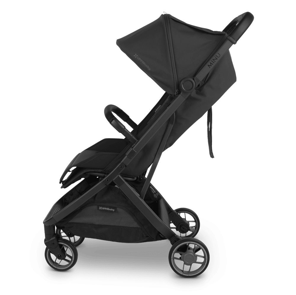 Uppababy Minu V3 stroller in black with canopy and compact frame