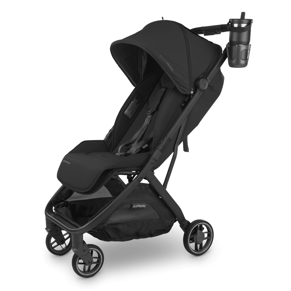 Uppababy Minu V3 stroller in black with canopy, cup holder, and storage basket