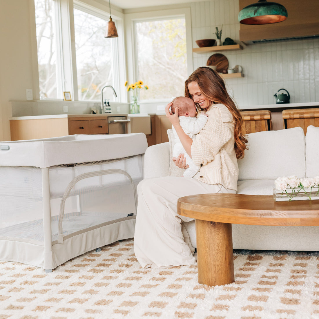 UPPAbaby Remi V2 Playard in Townsend Beige Soft Knit - in-home lifestyle view