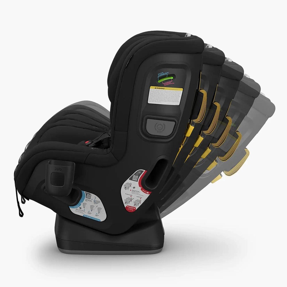 UPPABABY Rove convertible car seat in black with adjustable recline and safety labels