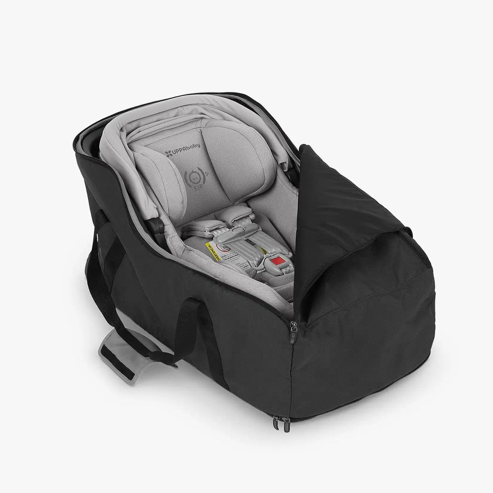 UPPAbaby Travel Bag For Mesa car seat in black with gray interior, opened to show padded interior and full zipper access.