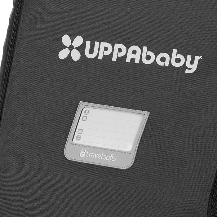 UPPAbaby Travel Bag for Minu strollers in black fabric with travelSafe tag and logo.