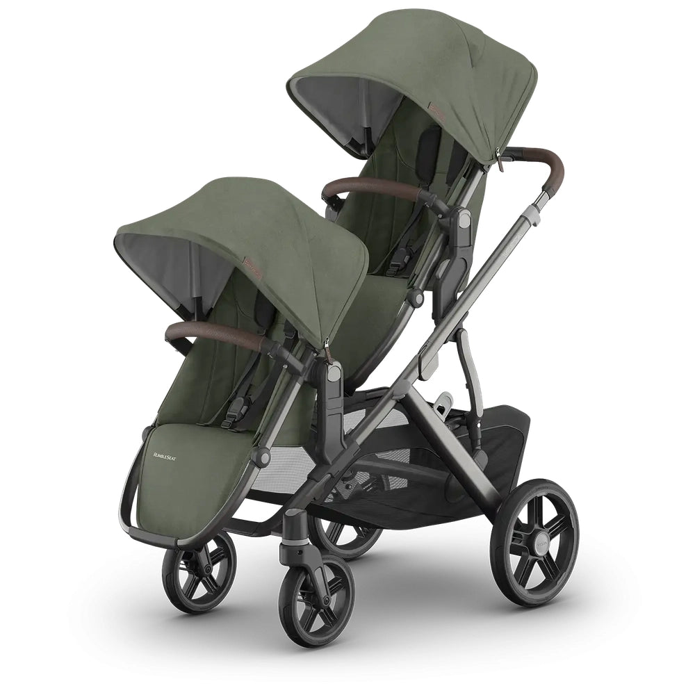 UPPABABY Vista Rumble Seat V3 olive-green double stroller with twin seats and canopies in use.