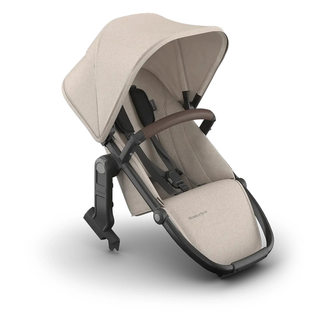 UPPAbaby Vista Rumble Seat V3 front three-quarter view with extended canopy and bumper bar
