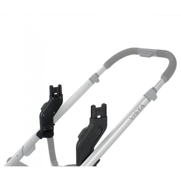 UPPABABY Vista Upper Adapters in a pair attached to stroller frame with black mounting brackets.