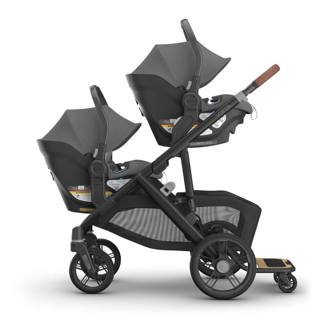 UPPAbaby Vista V3 in Greyson — Two Aria infant car seats + PiggyBack; additional components sold separately