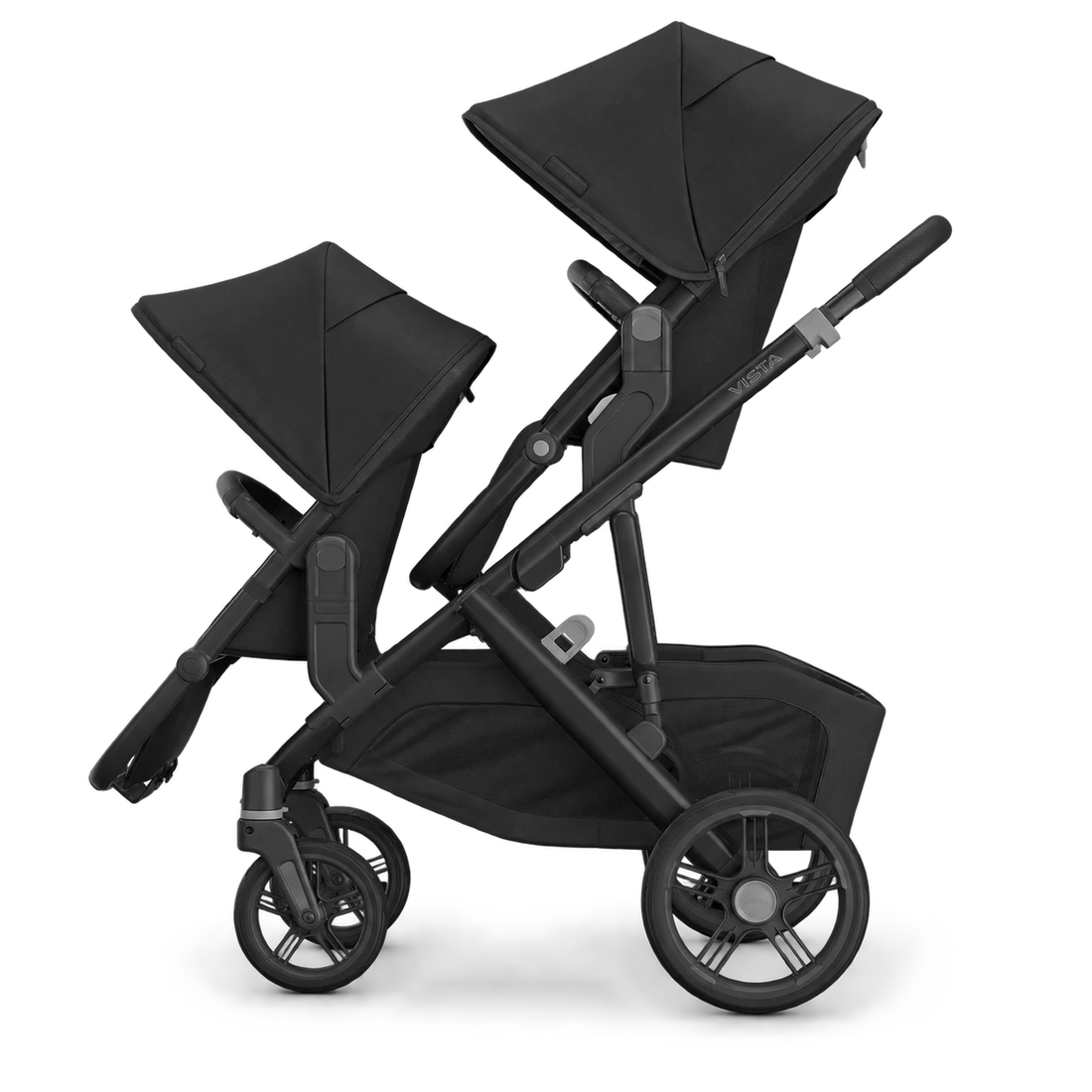 UPPAbaby Vista V3 with RumbleSeat V2+ in side view; Jake colour-edited configuration illustration; accessories sold separately