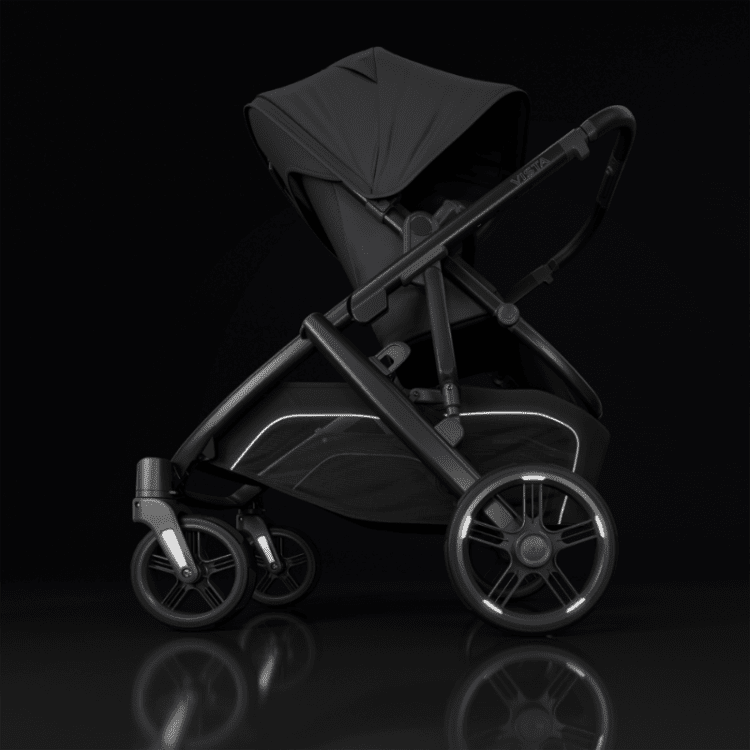 UPPAbaby Vista V3 stroller in black with reflective wheels and extended canopy.