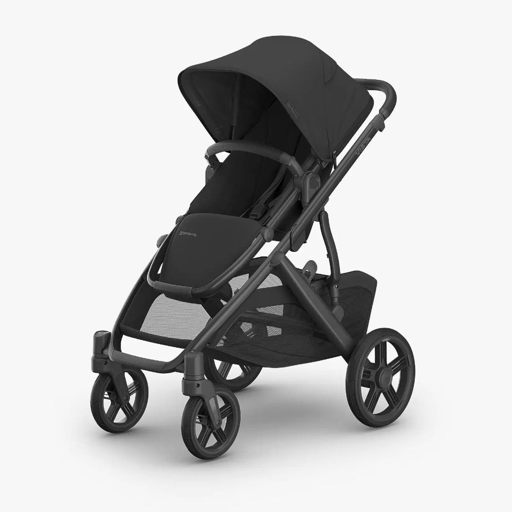 UPPAbaby Vista V3 stroller in Jake fashion with canopy extended, padded seat, and underseat basket.