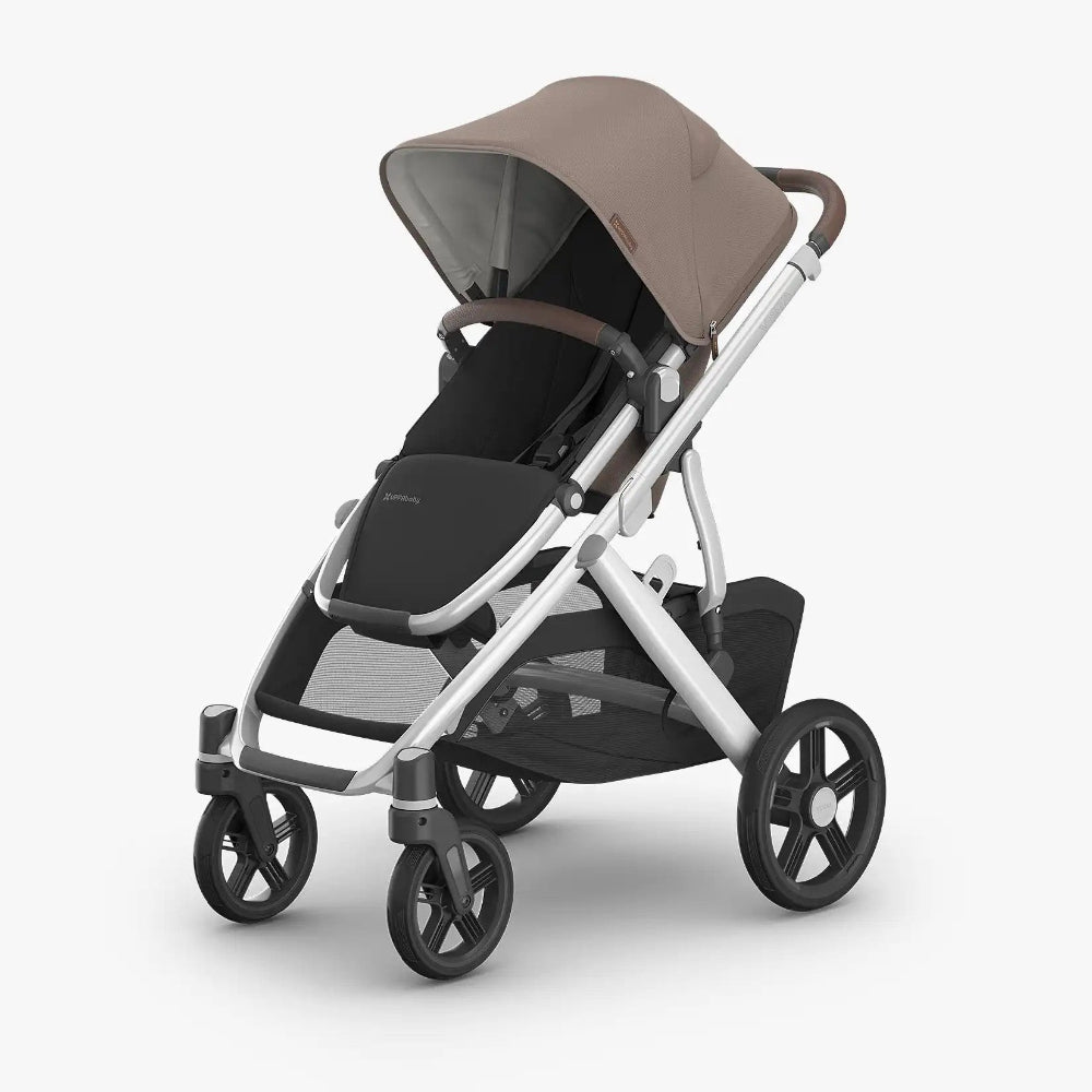UPPAbaby Vista V3 stroller in Theo fashion with silver frame and extended canopy.