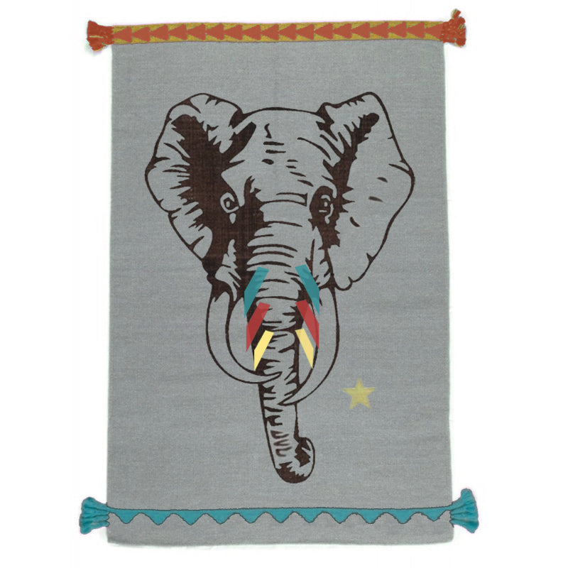 VARANASSI elephant dhurrie rug, hand-woven 100% cotton with multicolor tassels on a gray field