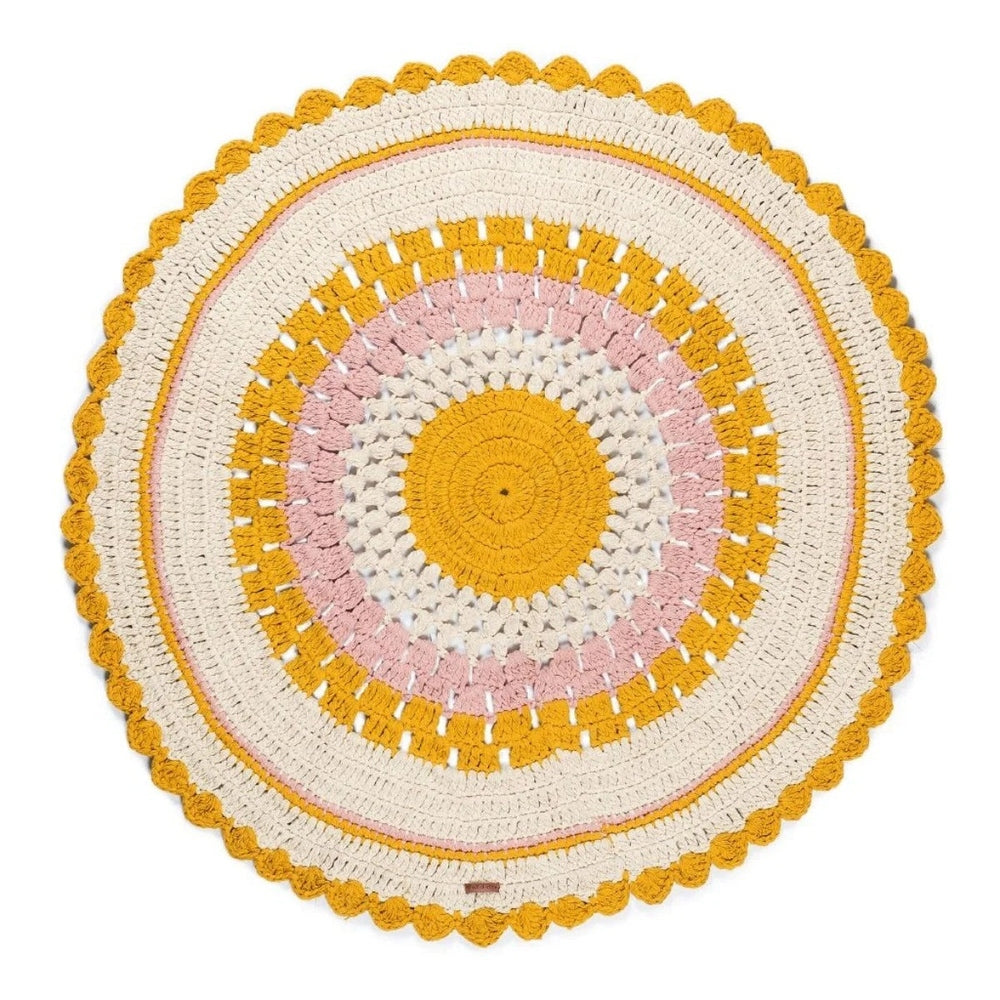 VARANASSI Round Gipsy Cotton Rug, hand-crocheted in yellow, cream, and pink colors