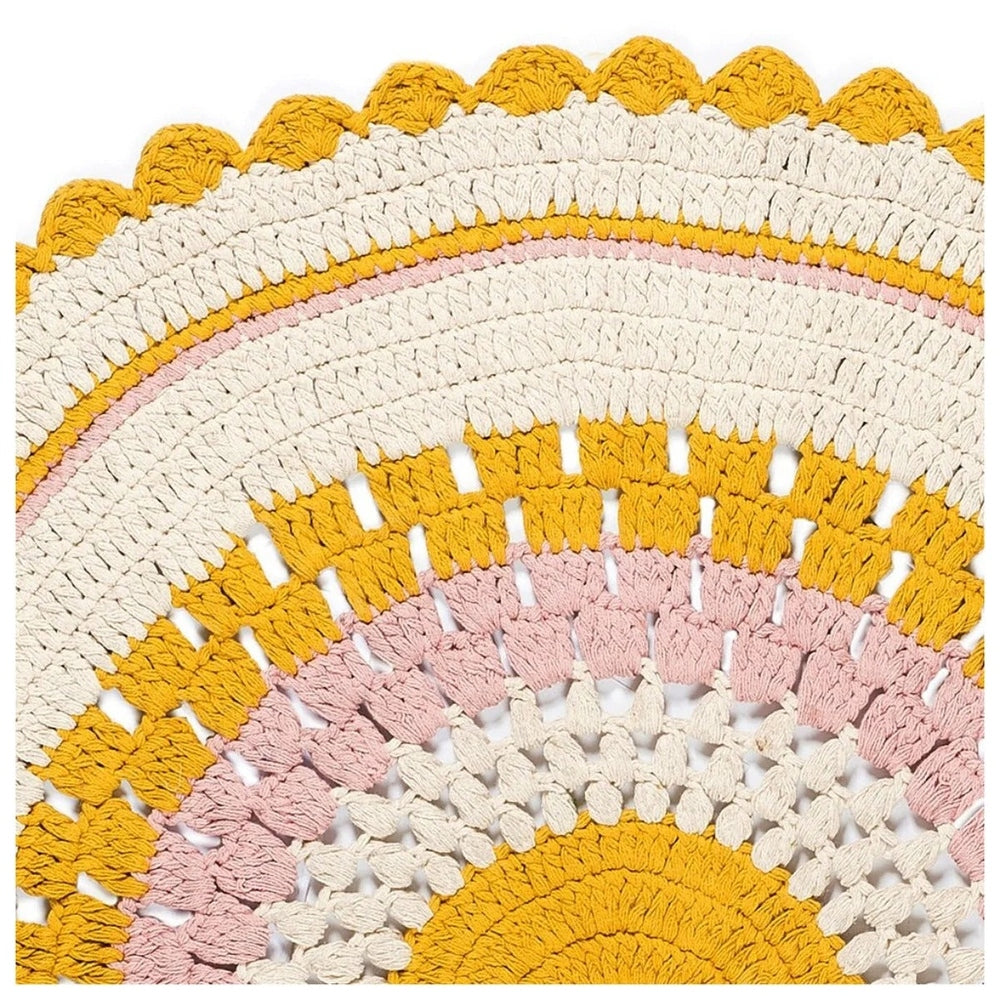 Varanassi Embroidery Round Gypsy Cotton Rug in yellow, pink, and cream