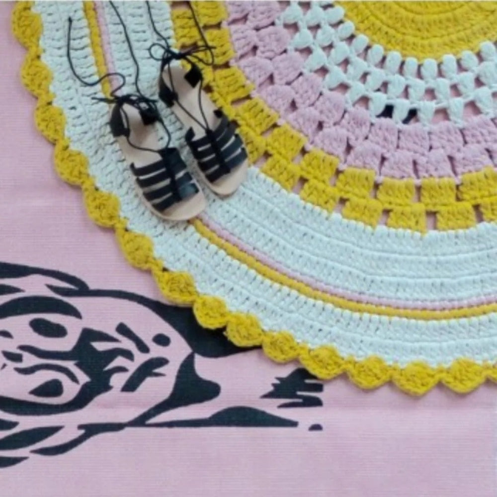 Varanassi Round Gipsy Cotton Rug in pastel pink white blue and yellow crochet