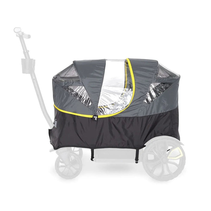 Veer All Weather Cover fitted on stroller, dark grey with yellow trim and clear window, ready for rain.