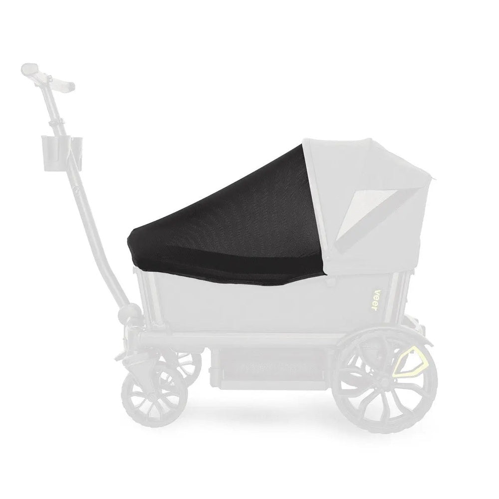 Veer Bug Shield for stroller, black mesh canopy over white frame, guarding baby from bugs.