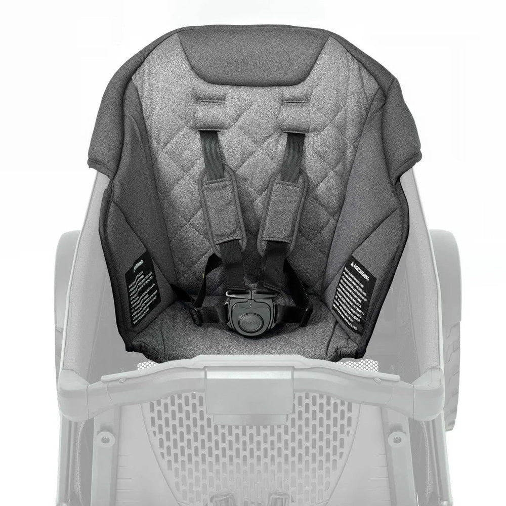 Veer Comfort Seat in gray quilted fabric with a 5-point harness; shoulder straps are buckled.