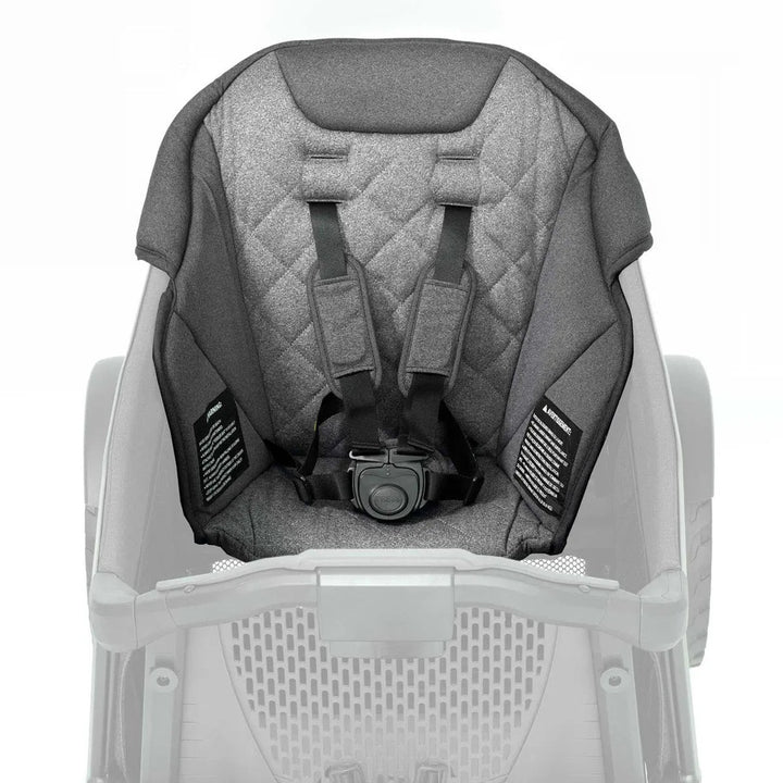 Veer Comfort Seat in gray quilted fabric with a 5-point harness; shoulder straps are buckled.