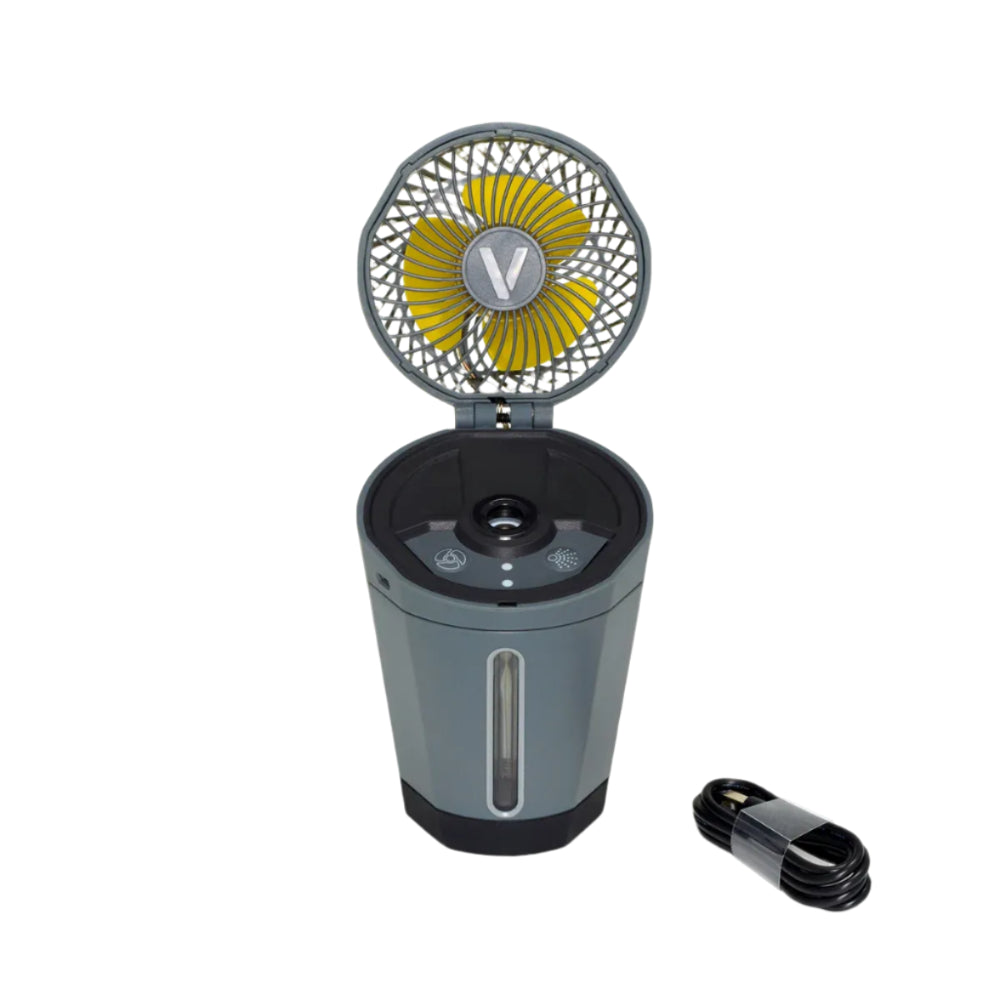 Veer Misting Fan, gray portable fan with yellow blades and integrated misting by VEER