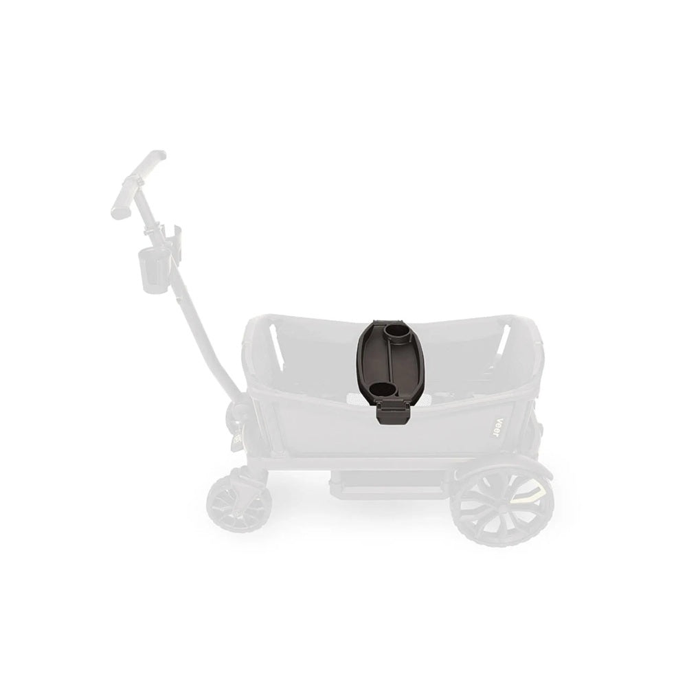 Veer Replacement Tray on a Veer stroller, black plastic with cup holders, securely mounted.