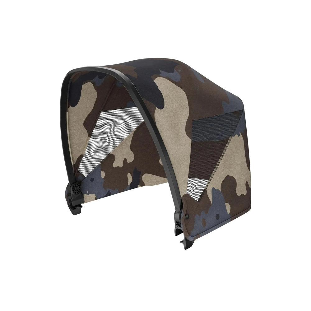 VEER Retractable Canopy For Cruiser in camo fabric, shown curved over stroller with mesh panels.