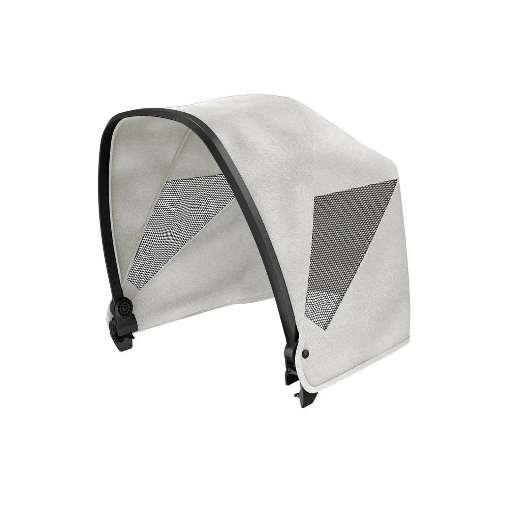 Veer Retractable Canopy For Cruiser, light gray fabric with black frame and mesh panels in use over stroller.