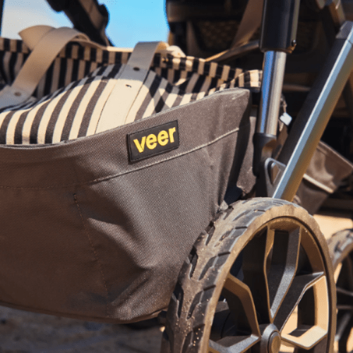 Veer Switch & Roll stroller bundle in brown fabric with striped interior and rugged wheel