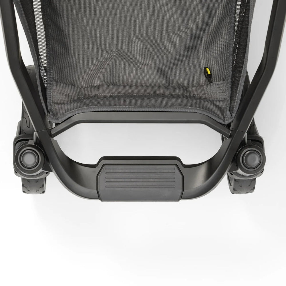 VEER Switch & Roll stroller bottom view, black frame with grey fabric and treaded wheels
