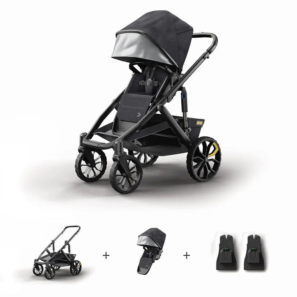Veer Switch & Roll With Car Seat Adapter Bundle: black/gray stroller shown with car seat adapter attached and two adapters.