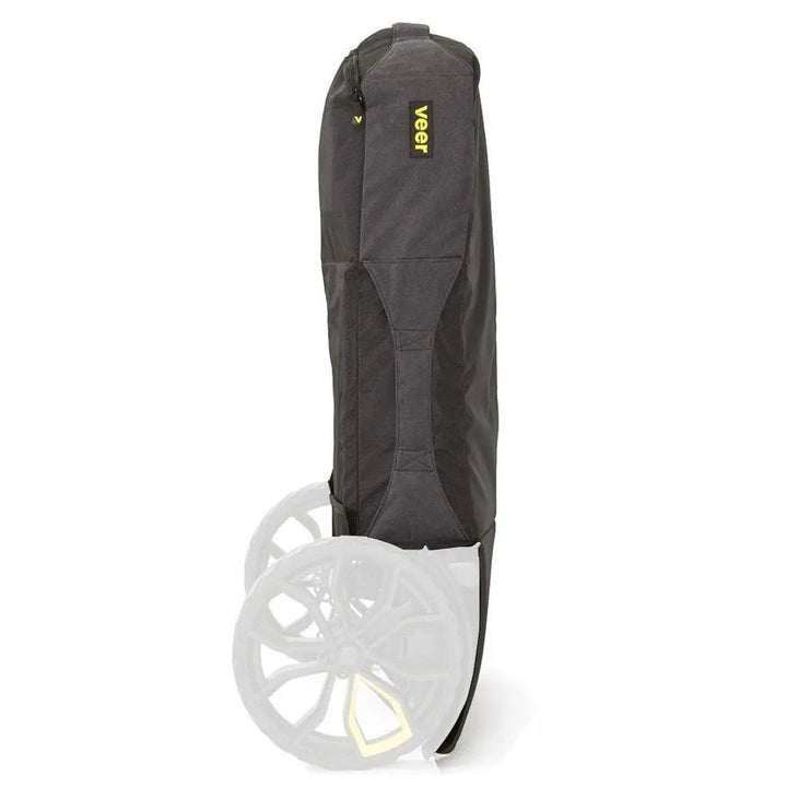 Veer Travel Bag black with yellow VEER logo, standing upright beside a folded wheeled stroller for easy transport.