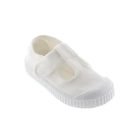 Victoria 1915 Sandal Dyed Canvas Straps Blanco; white toddler sandal with Velcro strap, side view