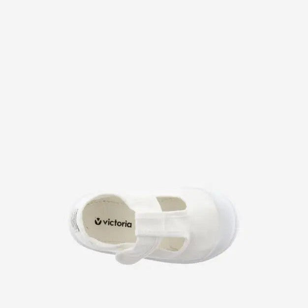 Victoria 1915 Sandal Dyed Canvas Straps Blanco for kids; white open-toe sandal with Velcro ankle strap