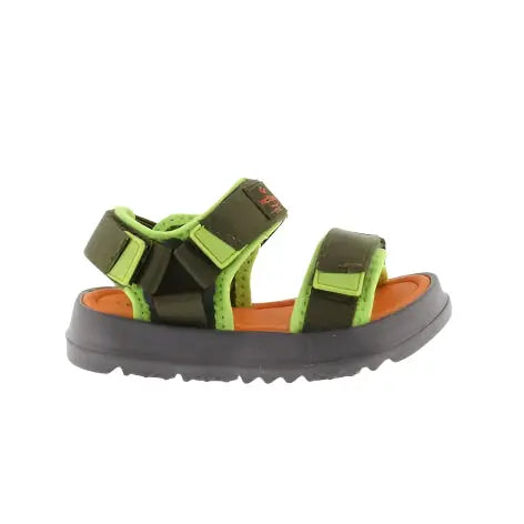 Victoria Agosto Sandalia Tiras Nylon Kaki with neon green straps buckled over orange footbed on a rugged gray outsole