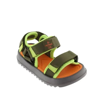 Victoria Agosto Sandalia Tiras Nylon Kaki para ninos, con tiras verde neon y suela gris destacada