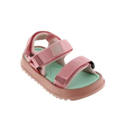 Victoria Agosto Sandalia Tiras Nylon Rosa para ninos, tiras de Velcro rosas asegurando el pie sobre plantilla