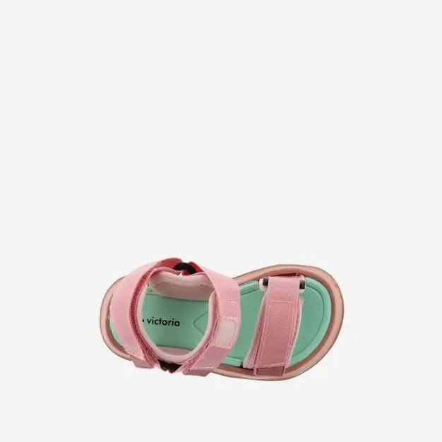 Victoria Agosto Sandalia Tiras Nylon Rosa, kids' pink nylon strap sandals with mint-green insole and adjustable straps