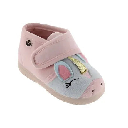 Victoria Ojala Animals Slippers Ballet pink plush baby slipper with Velcro strap and bunny face.