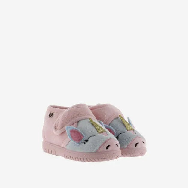 Victoria Ojala Animals Slippers Ballet pink unicorn plush slippers; kids slide feet into soft, fluffy ears and golden horn.